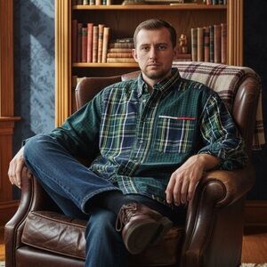 Tommy Jeans Blue Green Mixed Pattern Plaid Long Sleeve Cotton Shirt Size XL